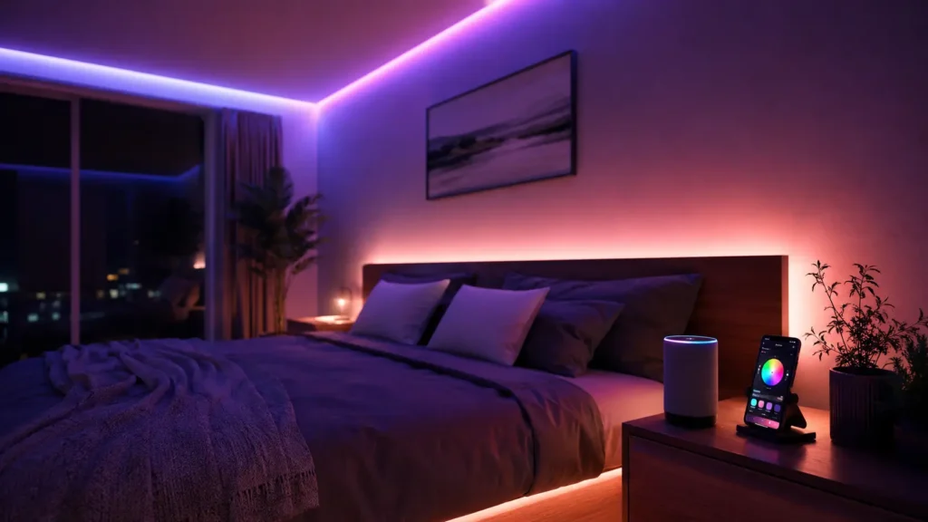 Best LED strip lights on Amazon installed in a modern bedroom with RGBIC color glow
