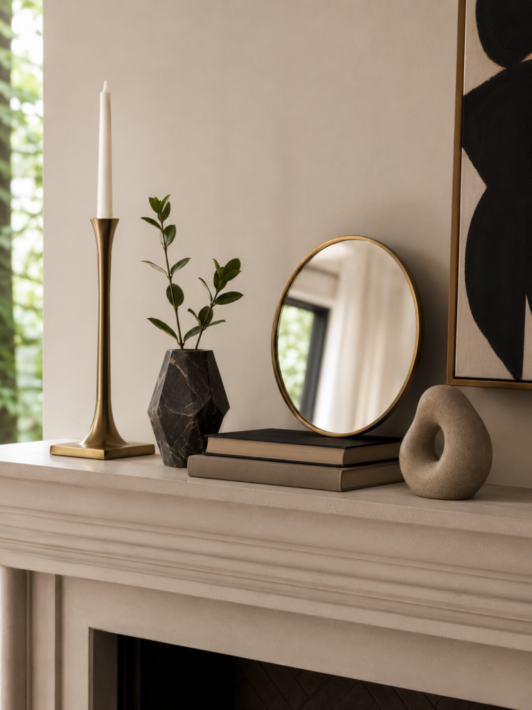 Styled mantel shelf demonstrating the 3-5-7 rule with five Art Deco objects at varied heights