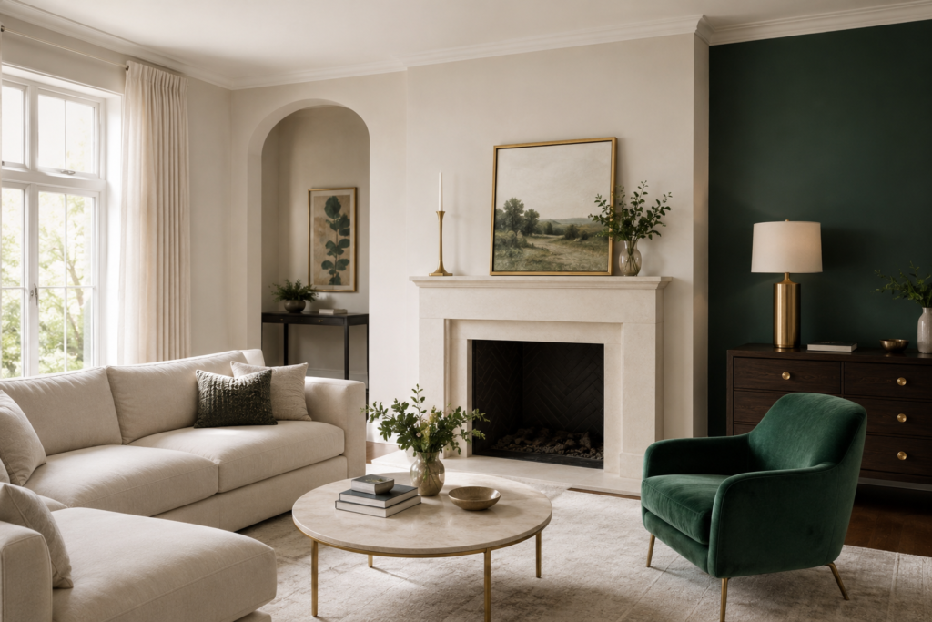 Living room showing the 60-30-10 color rule with neutral walls, emerald accent chair, and gold metallic details
