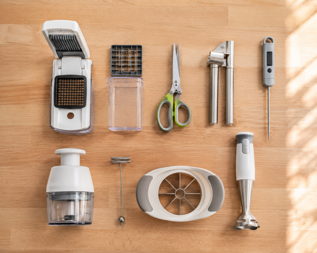 Flat-lay comparison of top kitchen gadgets including vegetable chopper, herb scissors, garlic press, and thermometer on a wood countertop