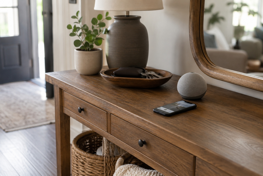 White smart home hub mounted near a warmly lit entryway, illustrating Apple Home's privacy-focused local processing