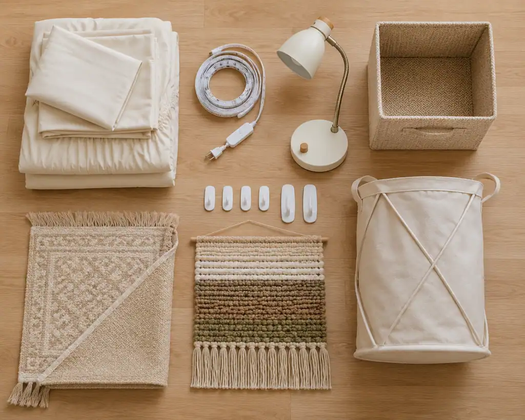 Flat lay of college dorm essentials including bedding, lighting, and storage