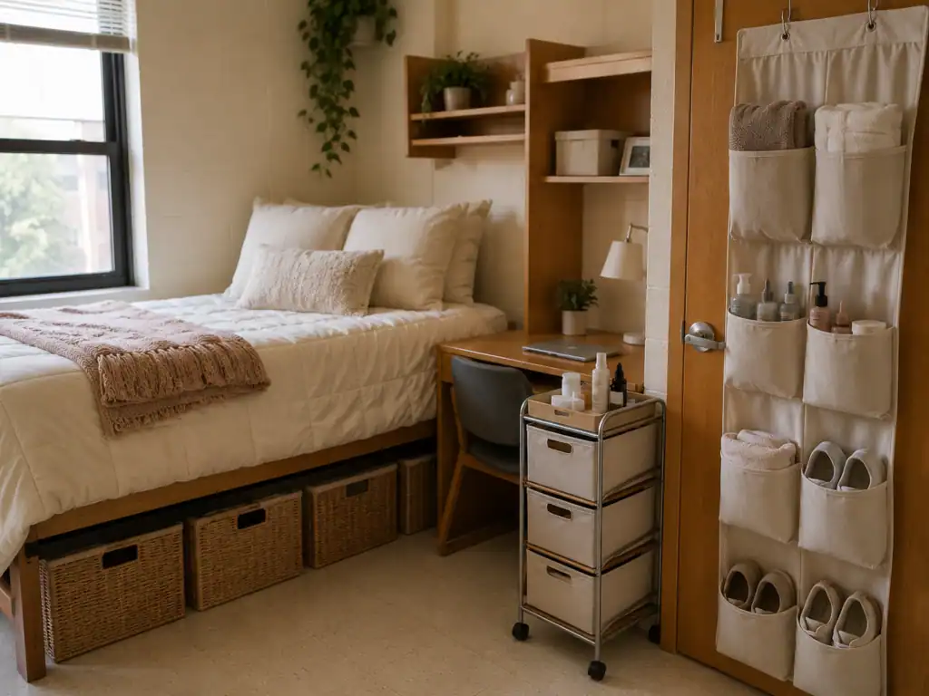 Under-bed storage bins and rolling cart organizing a small dorm room