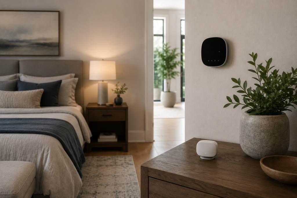 Smart thermostat installed in a modern home with a wireless room sensor placed nearby, illustrating indoor comfort and air quality monitoring.