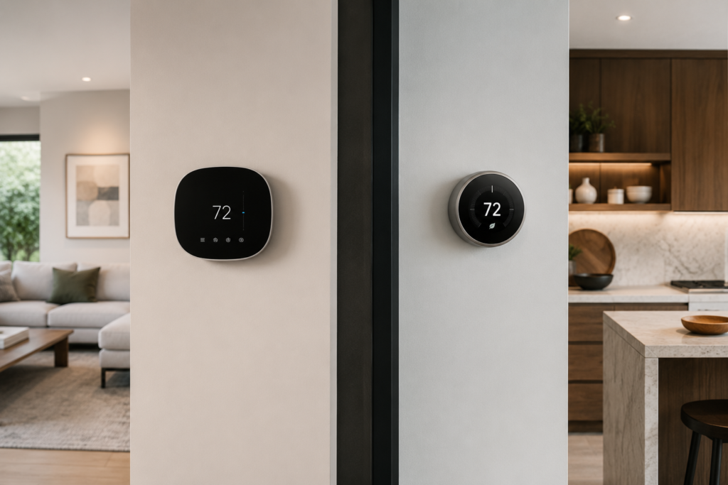 Ecobee Smart Thermostat Premium and Nest Learning Thermostat displayed in realistic American home interiors, highlighting their overall design differences before comparing features.