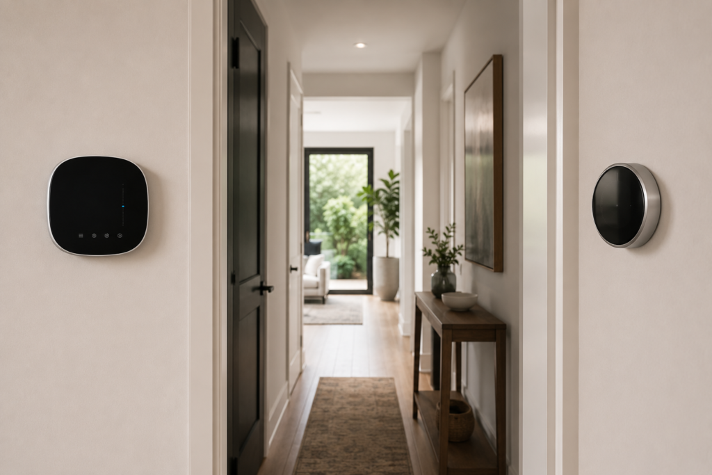 Flat touchscreen Ecobee thermostat and curved glass Nest Learning Thermostat installed in a bright hallway, demonstrating screen readability and everyday usability.