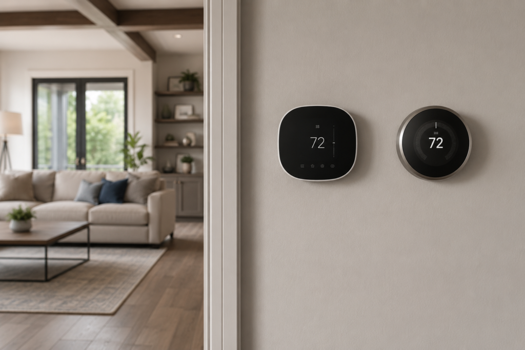 Ecobee Smart Thermostat Premium and Nest Learning Thermostat installed in a modern American home, showcasing their real-world design and placement for first-time smart thermostat buyers.