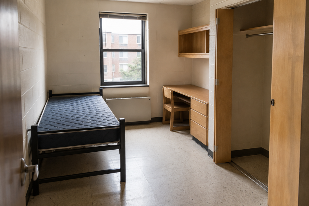 Empty college dorm room with bare mattress, desk, and closet before decorating