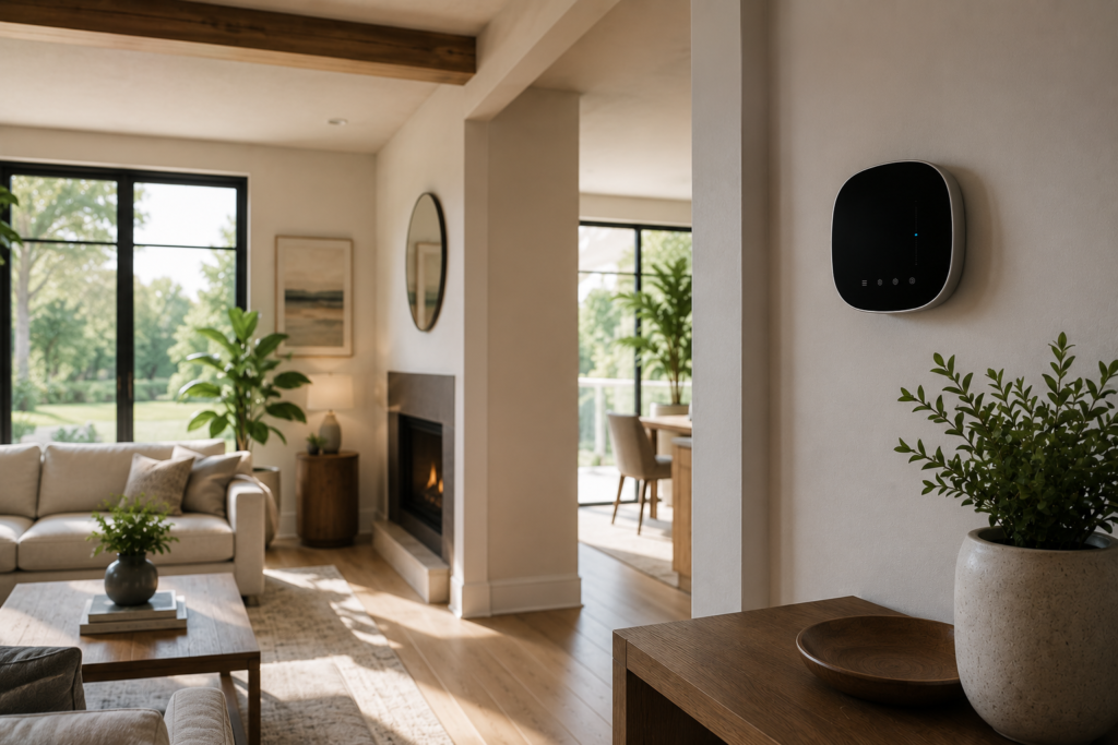 Energy-efficient smart thermostat installed in a bright American home, representing comfortable indoor temperatures and lower heating and cooling costs.
