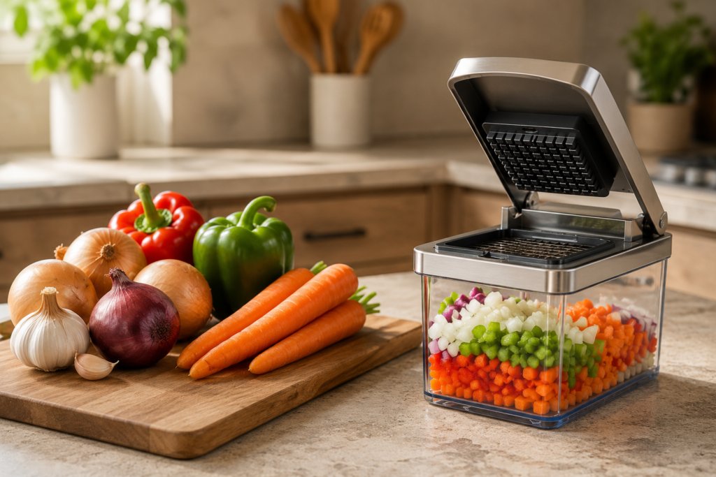 Before and after comparison of whole unchopped vegetables versus neatly diced vegetables in a chopper bin