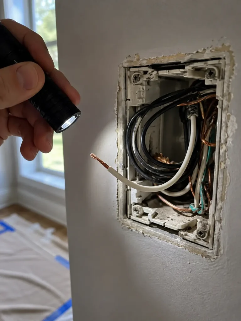 Open electrical switch box showing black, white neutral, and bare copper wires