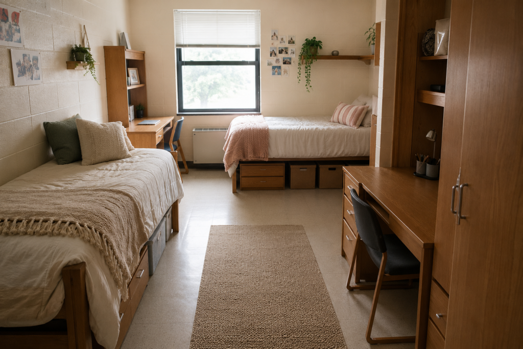 L-shaped furniture layout idea for a small shared college dorm room