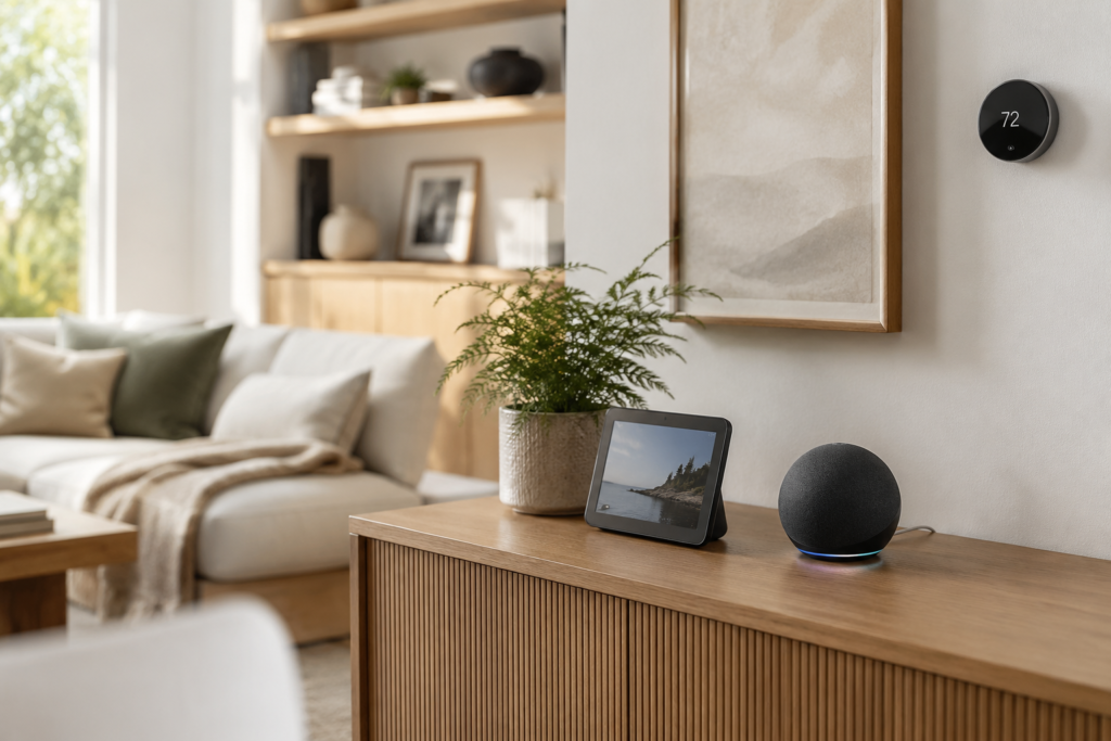Smart speaker and display integrated into a modern American living room console table, representing a real Google Home ecosystem setup