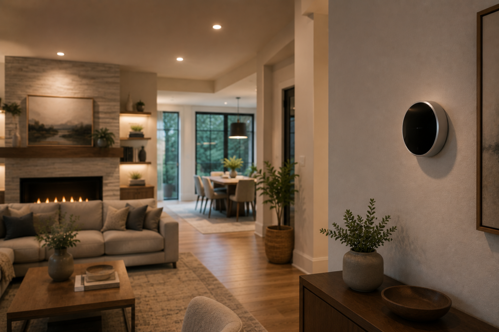 Comfortable modern American home featuring a premium smart thermostat as part of a stylish and energy-efficient living space.