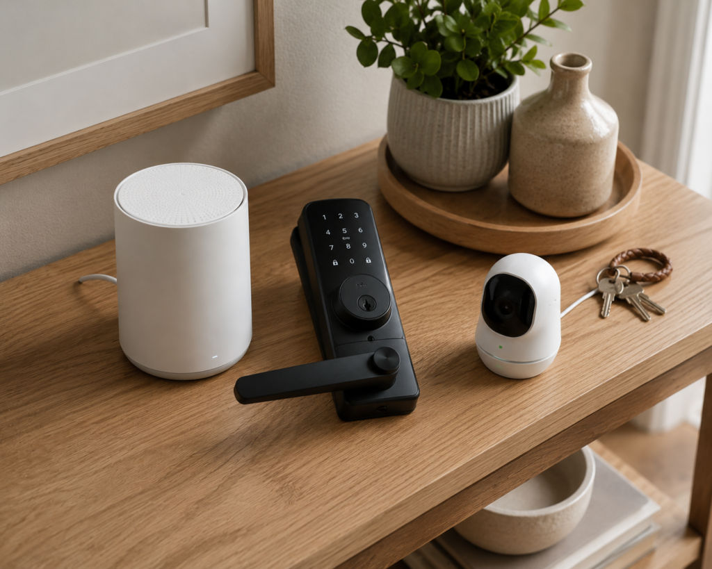 Flat lay of smart home security essentials including router, smart lock, camera, and smartphone app, summarizing the 8-step smart home hacking checklist