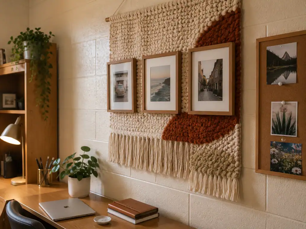 Dorm wall decorated with a tapestry and framed photos using Command hooks