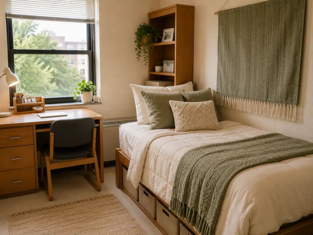 Sage green and cream color scheme styled in a college dorm room