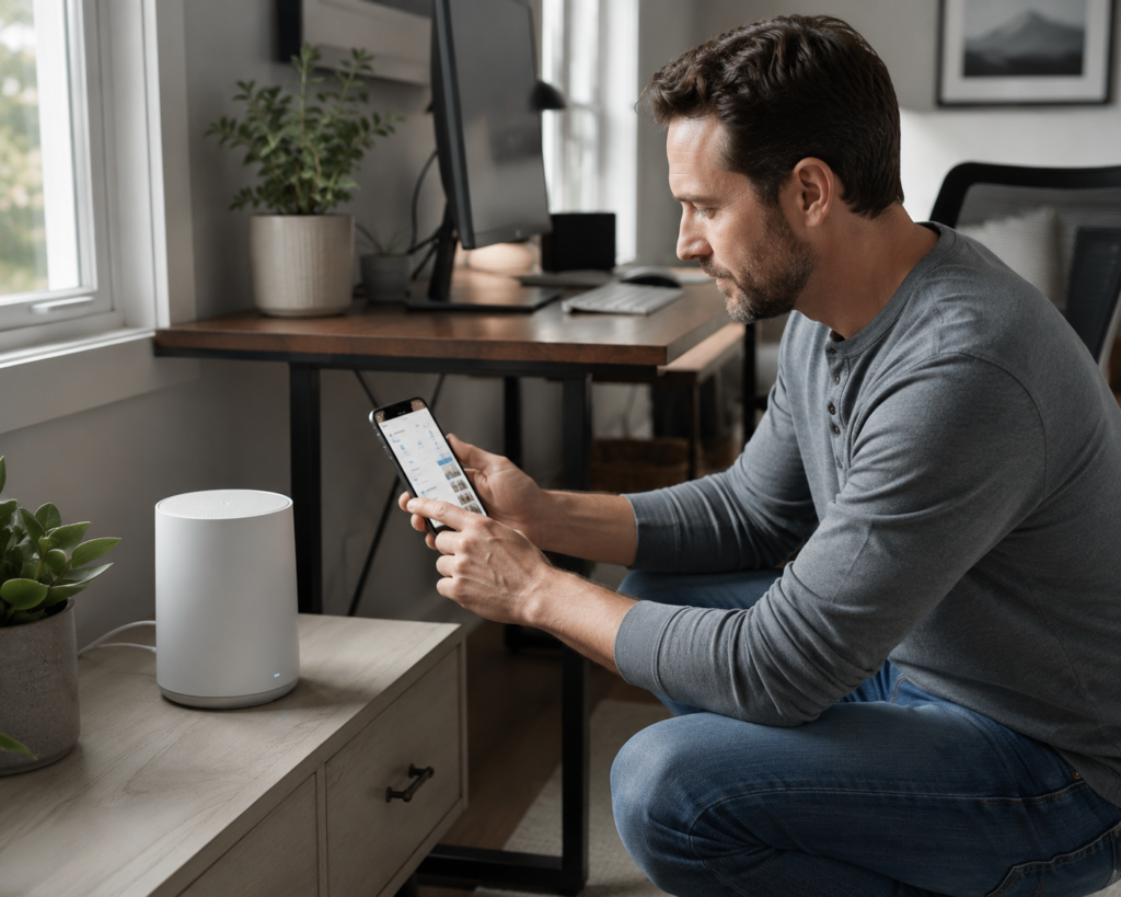 Homeowner adjusting Wi-Fi router security settings on a mobile app, demonstrating how to secure your smart home from hacking through router hardening