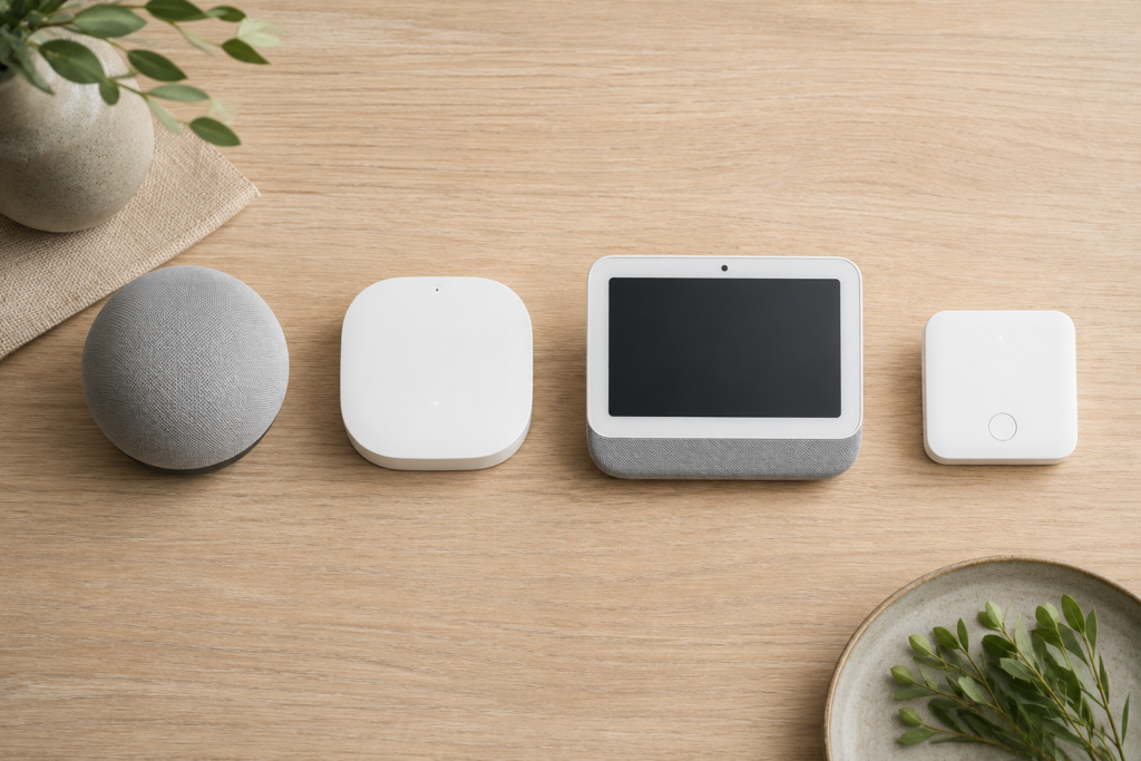 Smart speaker, smart plug, and smart bulb in everyday use on a modern kitchen counter