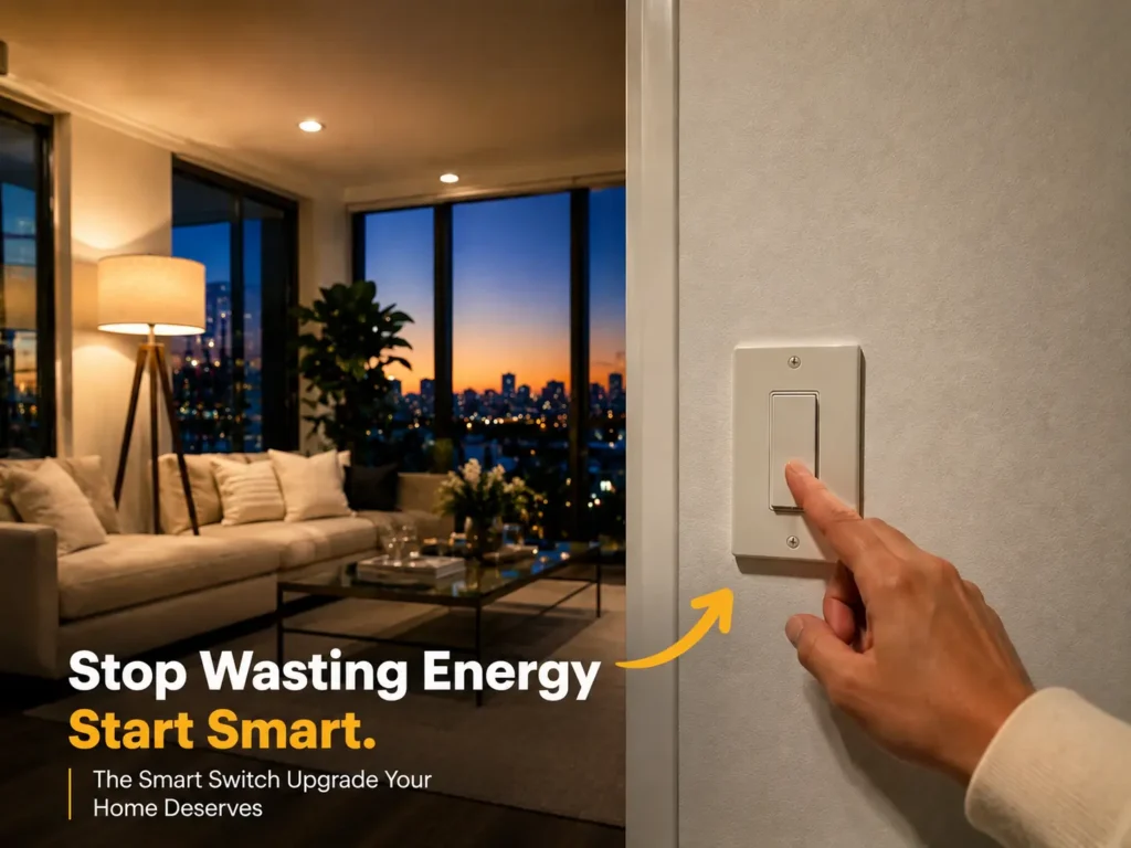 White smart light switch on wall in modern American living room at dusk with warm ambient lighting