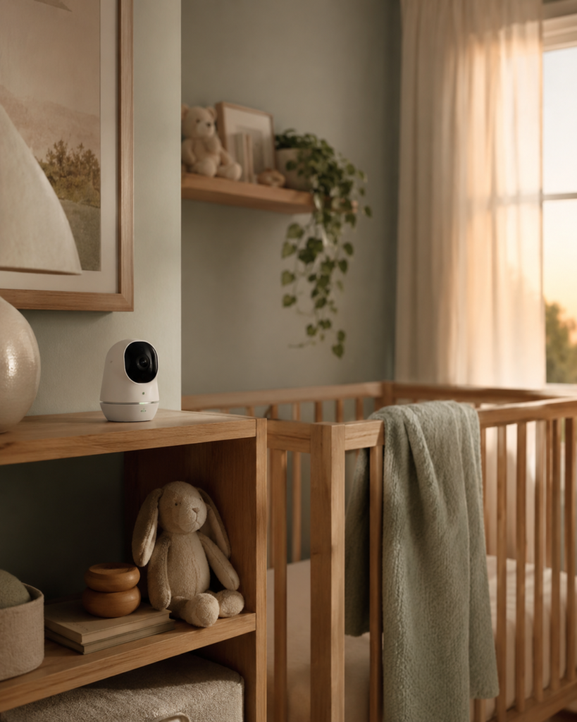 Smart baby monitor camera placed on a shelf in a softly lit nursery, illustrating a common smart home device vulnerable to hacking if left on default settings