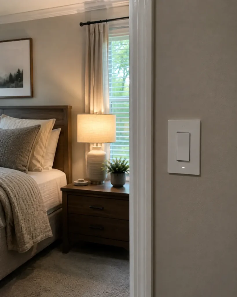 Bedroom scene comparing a wall-mounted smart switch and a smart bulb glowing in a bedside lamp