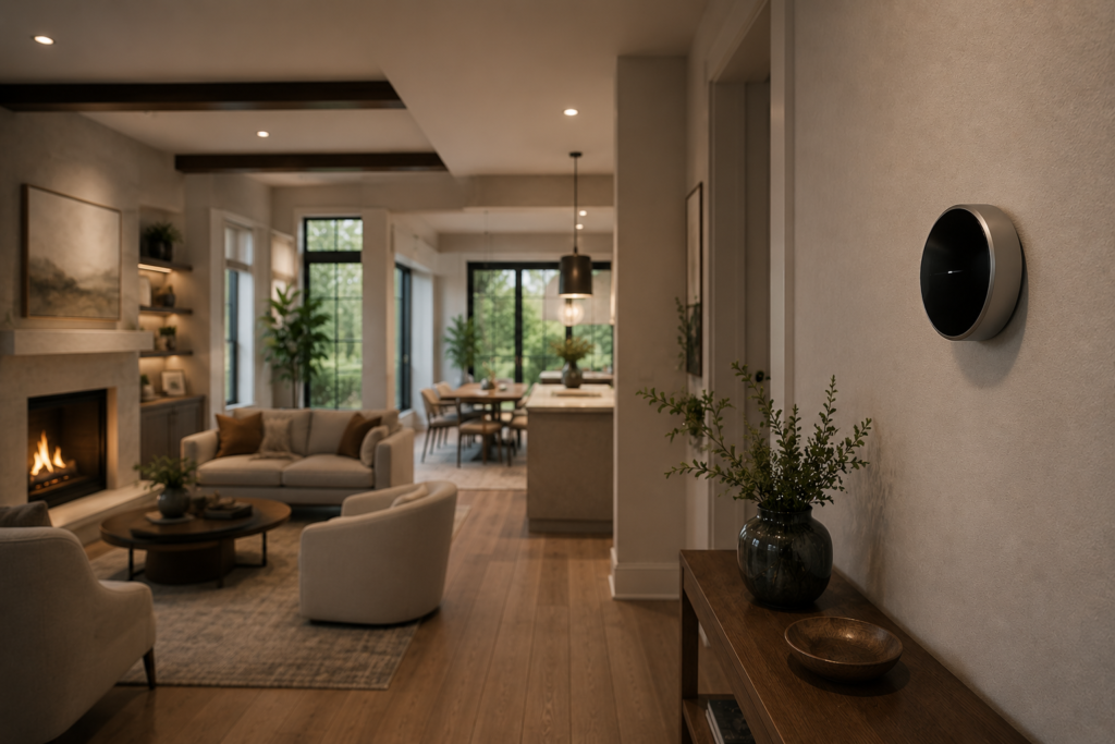 Smart thermostat naturally installed inside a modern American home, demonstrating automated climate control and comfortable everyday living.