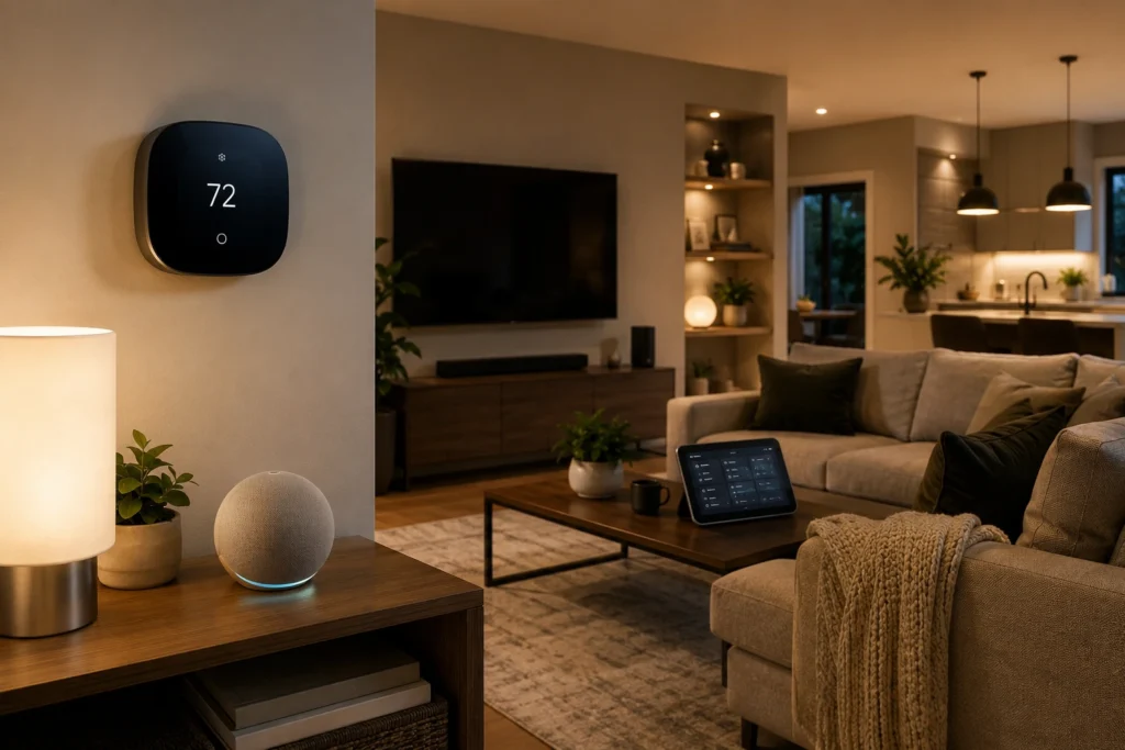 Modern smart home featuring a connected smart thermostat alongside smart lighting and home automation devices in a realistic American living room.