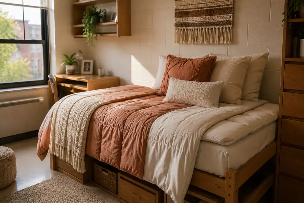 Styled Twin XL dorm bed with mattress topper, comforter, and throw pillows