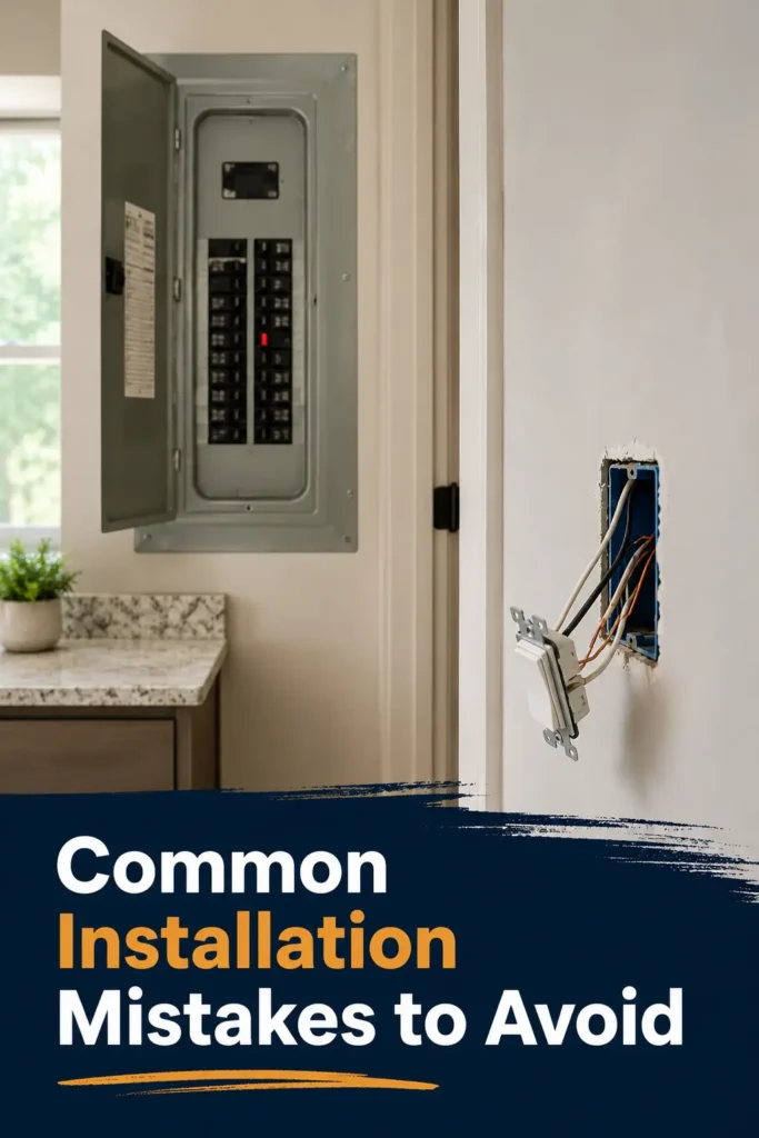 Person using a voltage tester on wall switch wires with breaker panel visible in background