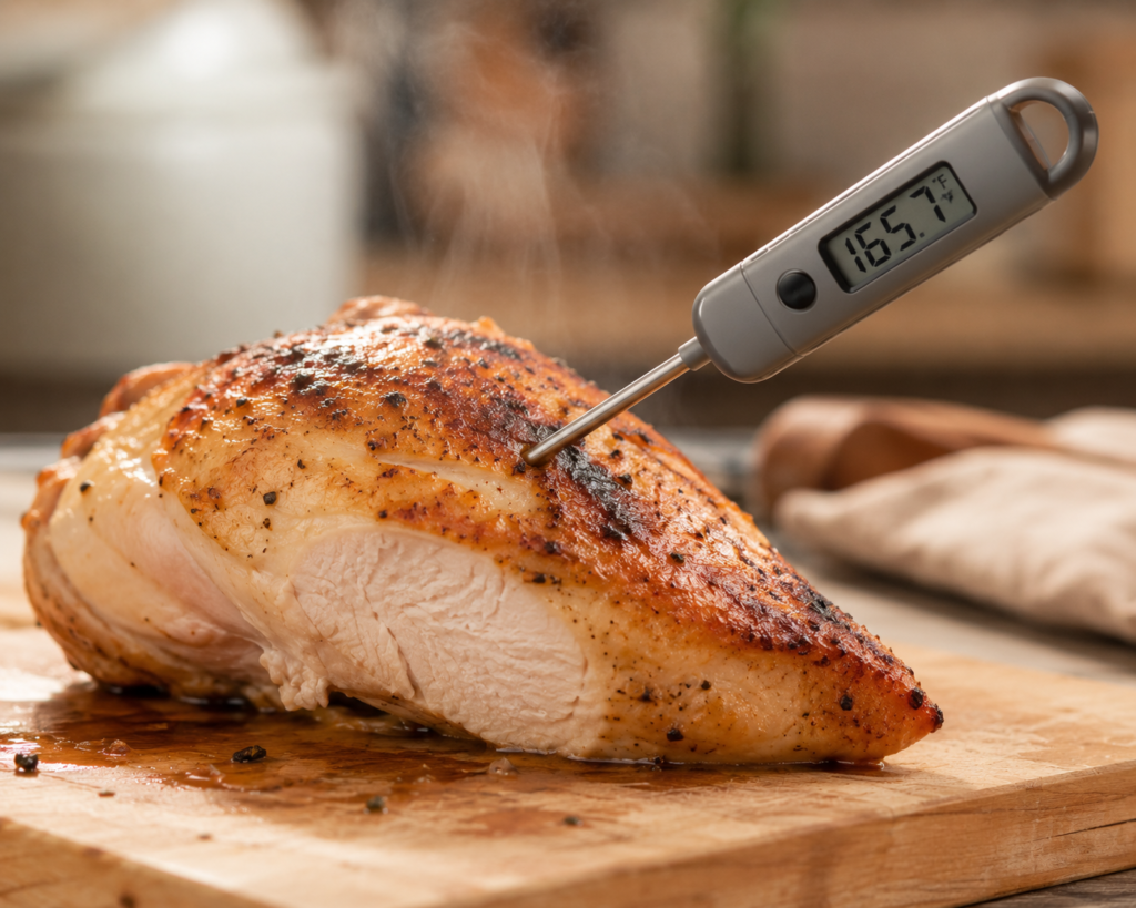 Digital instant-read thermometer inserted into roasted chicken breast showing temperature display