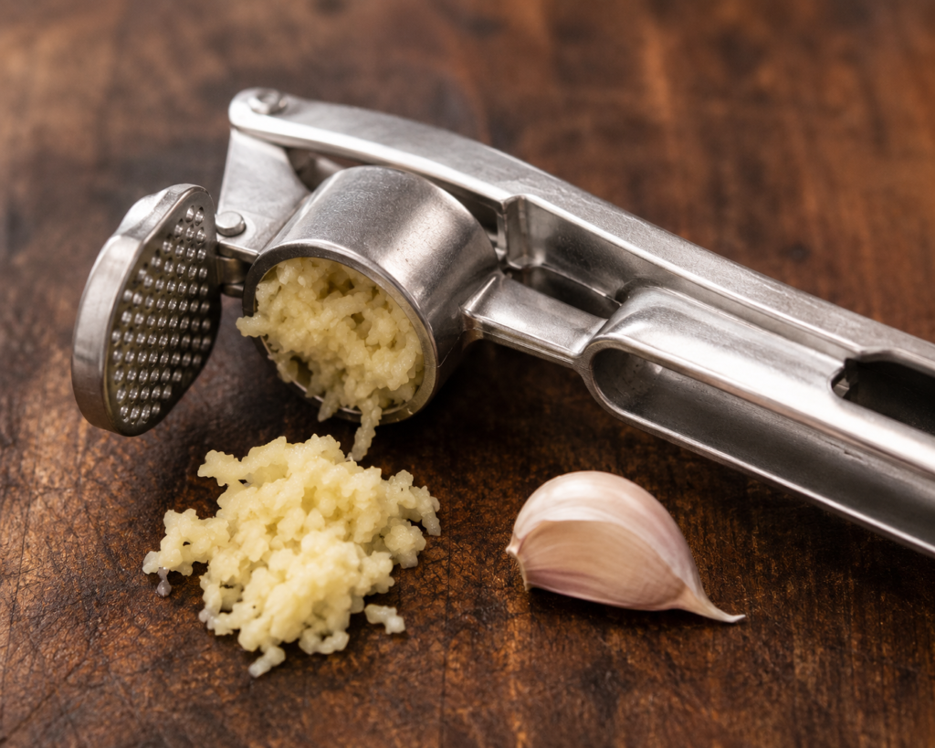 Cast metal garlic press with hopper open showing freshly minced garlic and an unpeeled clove