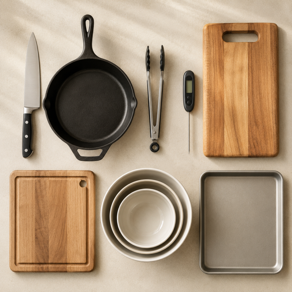 Flat-lay of essential starter kitchen tools including chef's knife, skillet, tongs, cutting boards, and mixing bowls