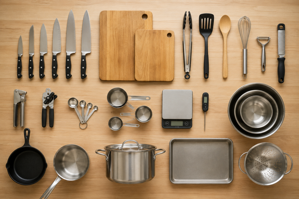lat-lay of organized kitchen tools including knives, cutting boards, tongs, whisk, thermometer, and cookware arranged by category