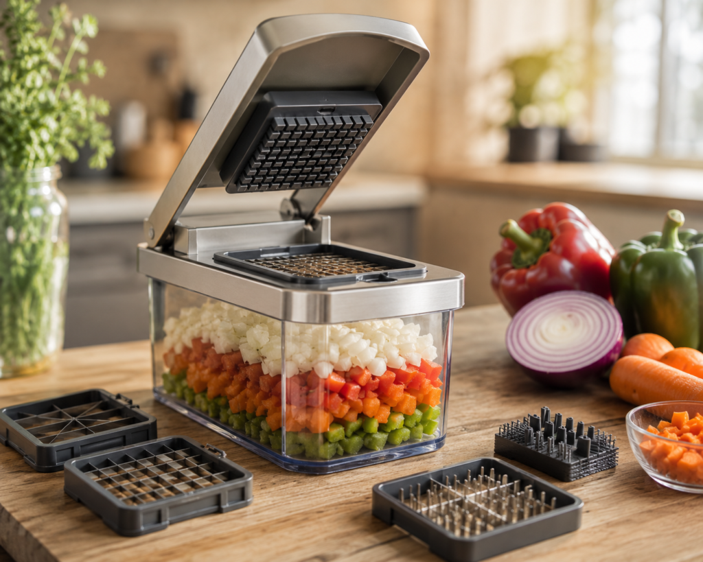 Stainless steel multi-blade vegetable chopper filled with freshly diced onions, peppers, and carrots