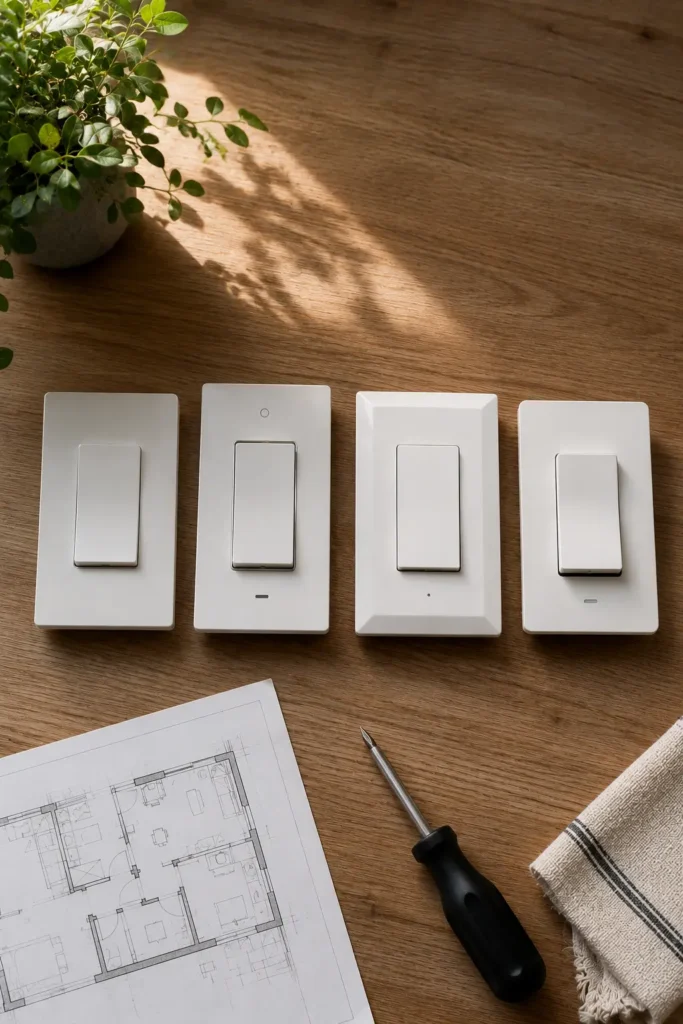 Flat-lay of four white and gray smart light switches arranged on a wooden table