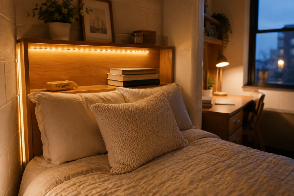 Warm LED strip lights glowing behind a dorm bed headboard for cozy lighting