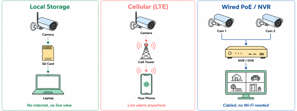 Infographic comparing three Wi-Fi-free security camera types — local storage saving to an SD card, cellular LTE connecting via cell tower to a phone, and wired PoE cameras linked to an NVR recorder.