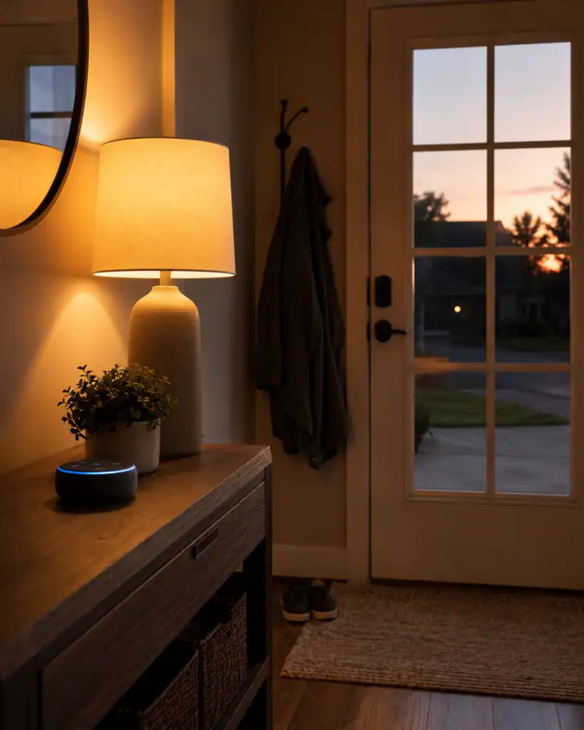 Smart lights automatically turning on at a home entryway as part of a triggered routine