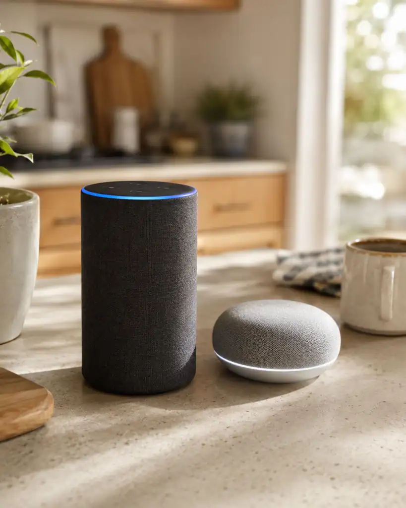 Amazon Echo and Google Home smart speakers side by side on a kitchen counter, 2026 comparison