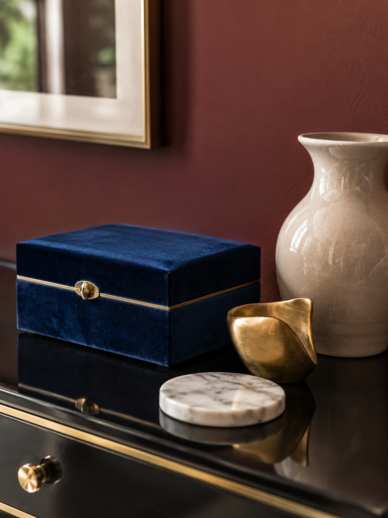Art Deco color palette vignette with sapphire velvet, brass accents, and marble on a lacquered console table