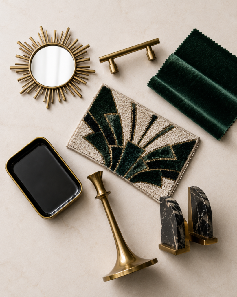 Flat lay of seven Art Deco home essentials including brass hardware, velvet swatch, and sunburst mirror