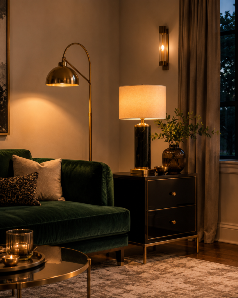 Correctly layered Art Deco lighting with warm brass floor lamp, table lamp, and accent fixture glowing at dusk