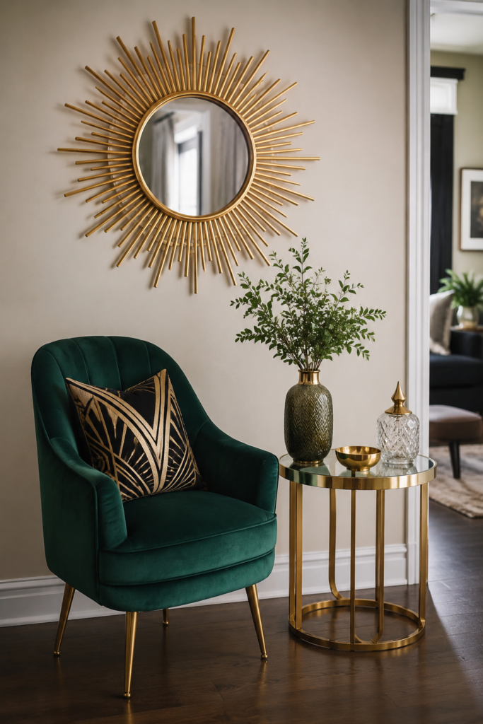 Art Deco style corner with brass sunburst mirror and emerald velvet compared to minimal modern design