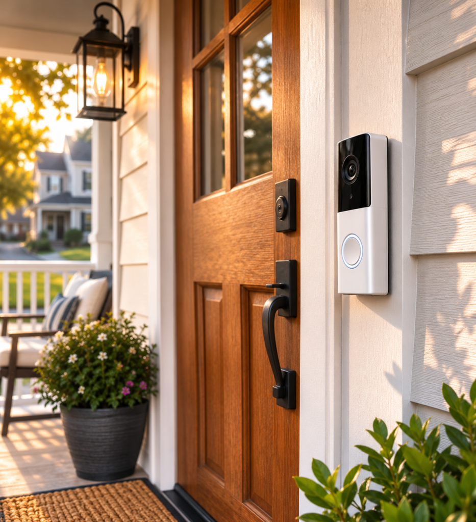 Top-pick smart video doorbell installed beside a front door with a welcome mat and plant