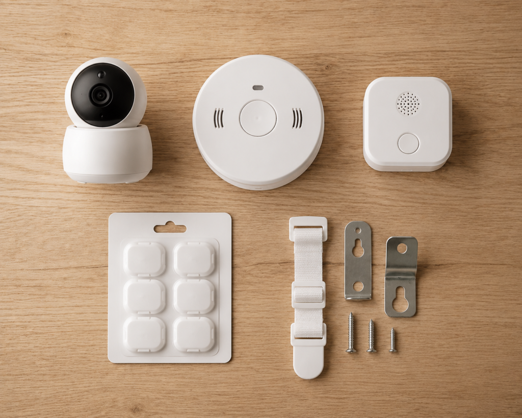 Five tested smart home childproofing products arranged together — baby monitor, smoke detector, smart alarm, outlet covers, and anti-tip furniture strap
