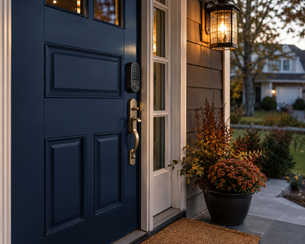 Smart deadbolt with keypad installed on a modern navy front door with brass hardware