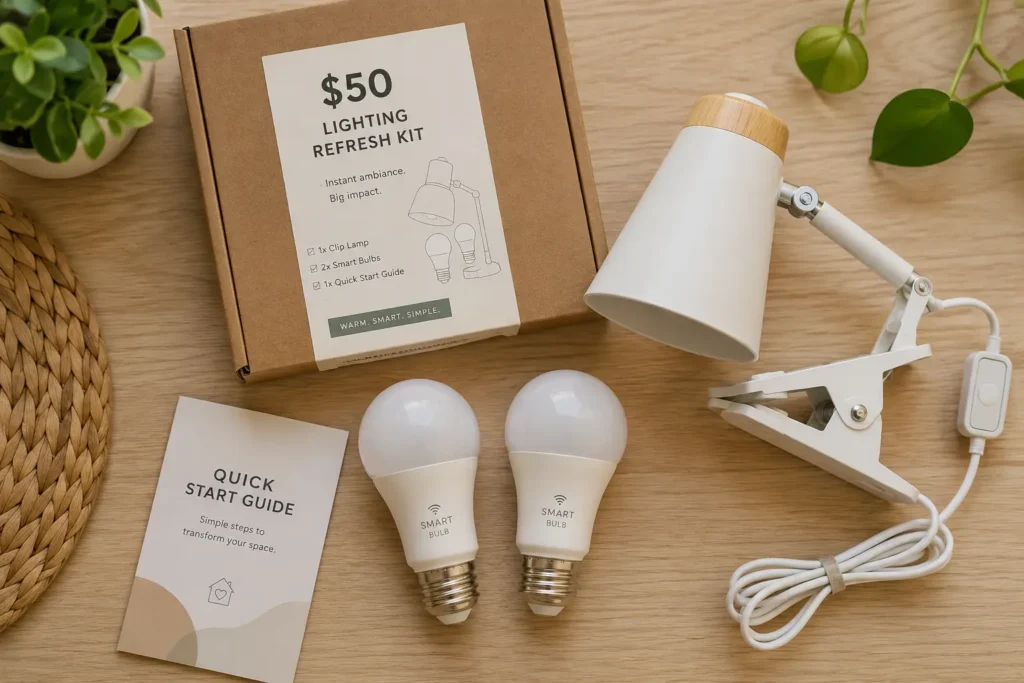 Flat lay of a fifty dollar lighting refresh kit with two smart bulbs and a small clip lamp