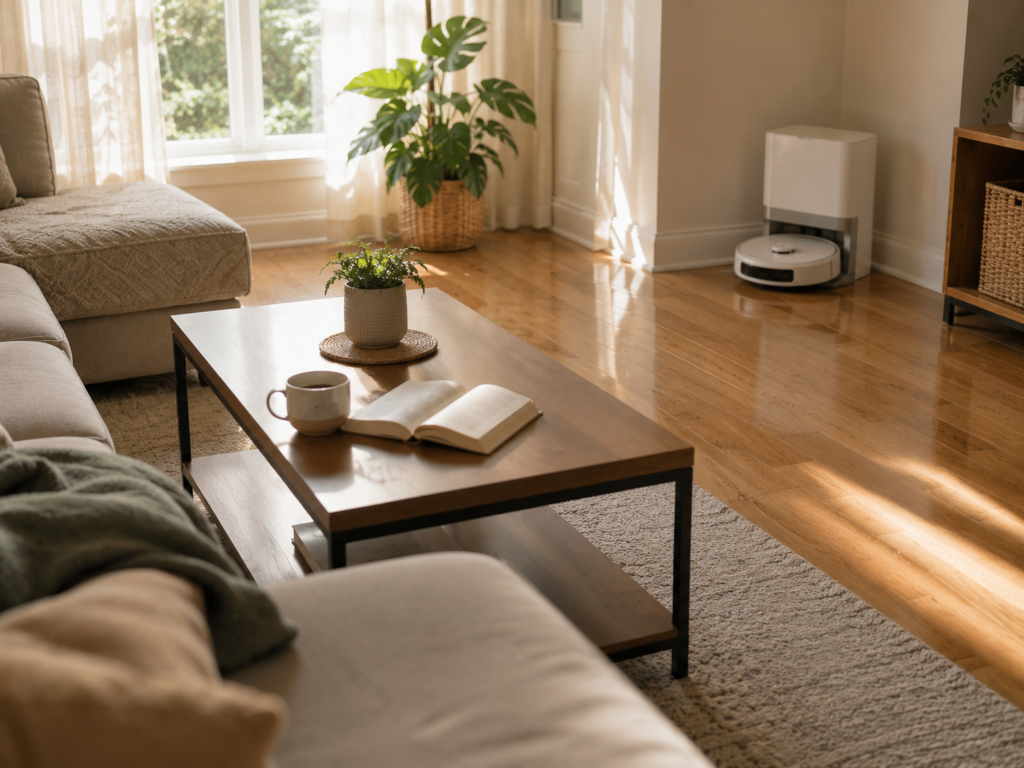 Clean, relaxed living room floor maintained by a robot vacuum mop combo