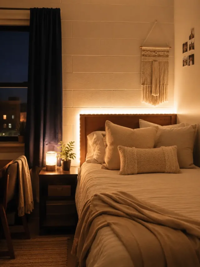 Cozy college dorm bedroom at night with warm LED strip lights glowing behind a Twin XL bed headboard and cream bedding